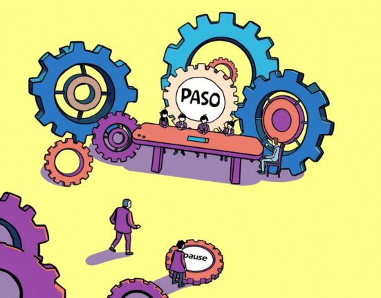 Cartoon showing Scroll DAO governance paused with executives stepping away, signaling temporary suspension and redesign.