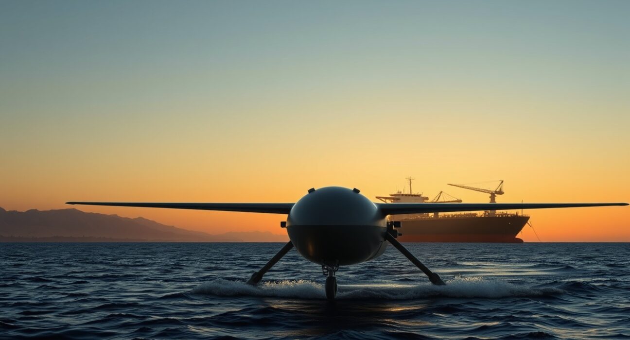 Sea drone threat to oil tankers in the Strait of Hormuz, illustrating maritime security risks.