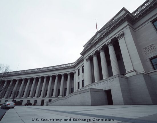 Exterior of the SEC headquarters building in Washington, D.C., under overcast sky