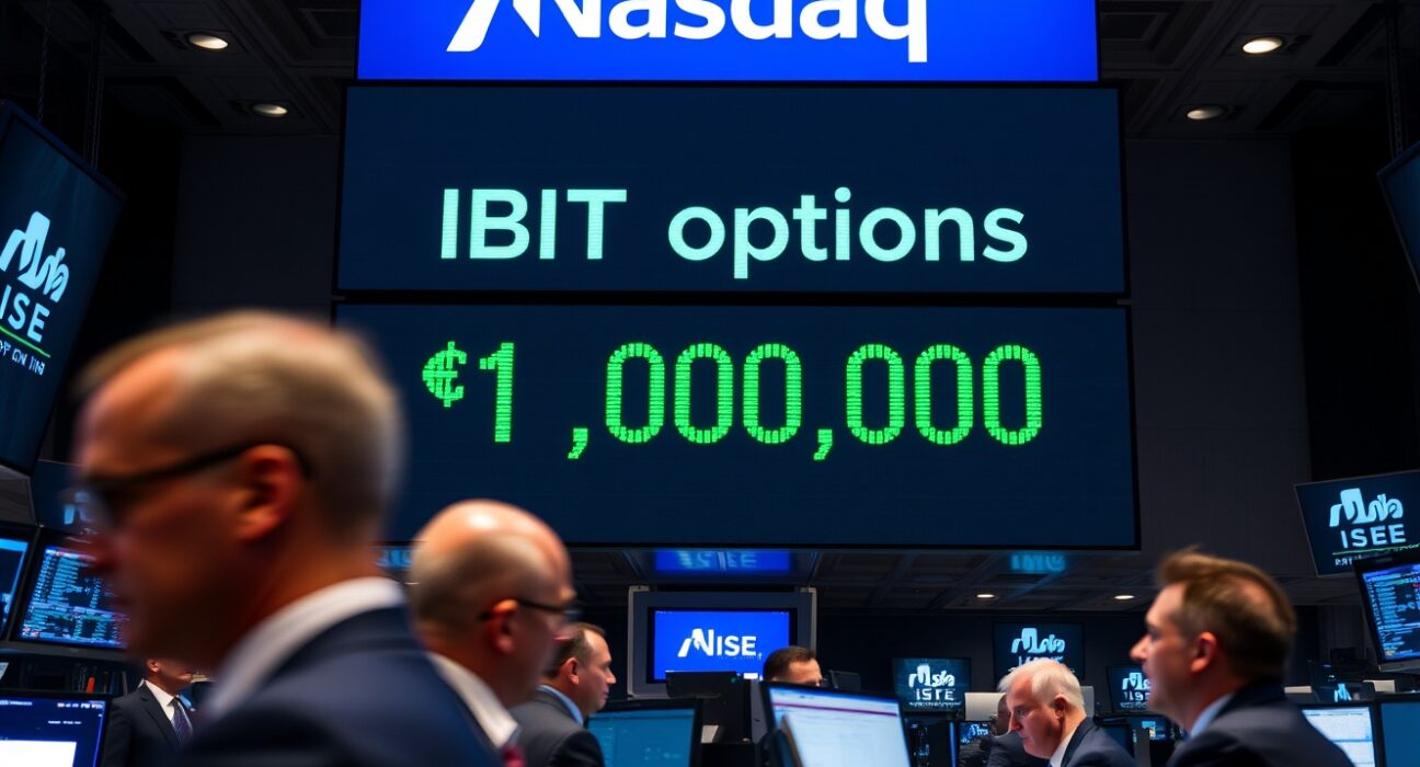 SEC approval for IBIT option position limit increase to 1 million contracts displayed on Nasdaq ISE trading floor screen