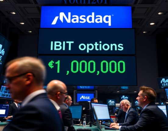 SEC approval for IBIT option position limit increase to 1 million contracts displayed on Nasdaq ISE trading floor screen