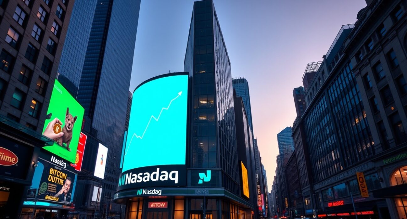 Exterior of Nasdaq MarketSite building in Times Square with a Bitcoin price chart displayed on its electronic billboard at dusk.