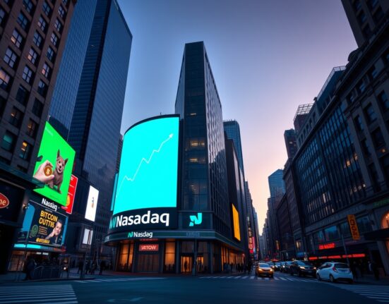 Exterior of Nasdaq MarketSite building in Times Square with a Bitcoin price chart displayed on its electronic billboard at dusk.
