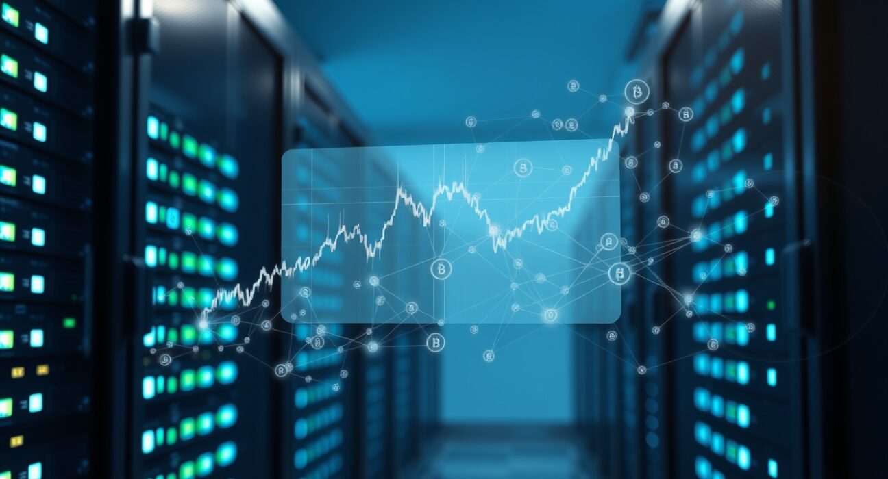 Visualization of stock market data transforming into a blockchain network, representing SEC-approved tokenized settlement.