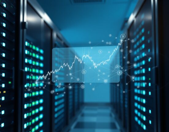 Visualization of stock market data transforming into a blockchain network, representing SEC-approved tokenized settlement.