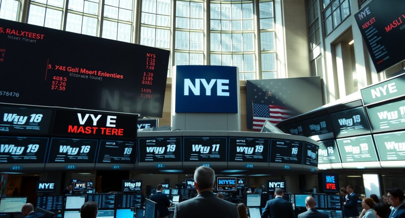 NYSE trading floor with traders and digital stock tickers during trading hours