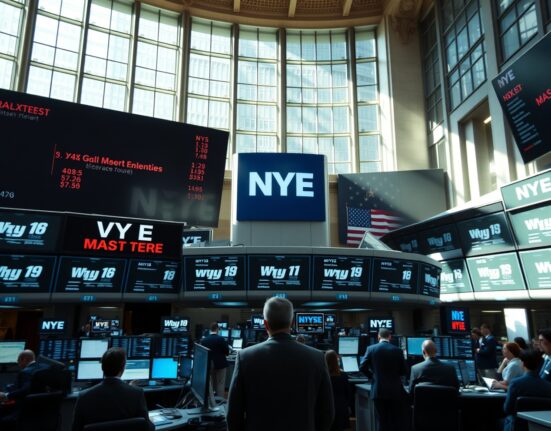 NYSE trading floor with traders and digital stock tickers during trading hours