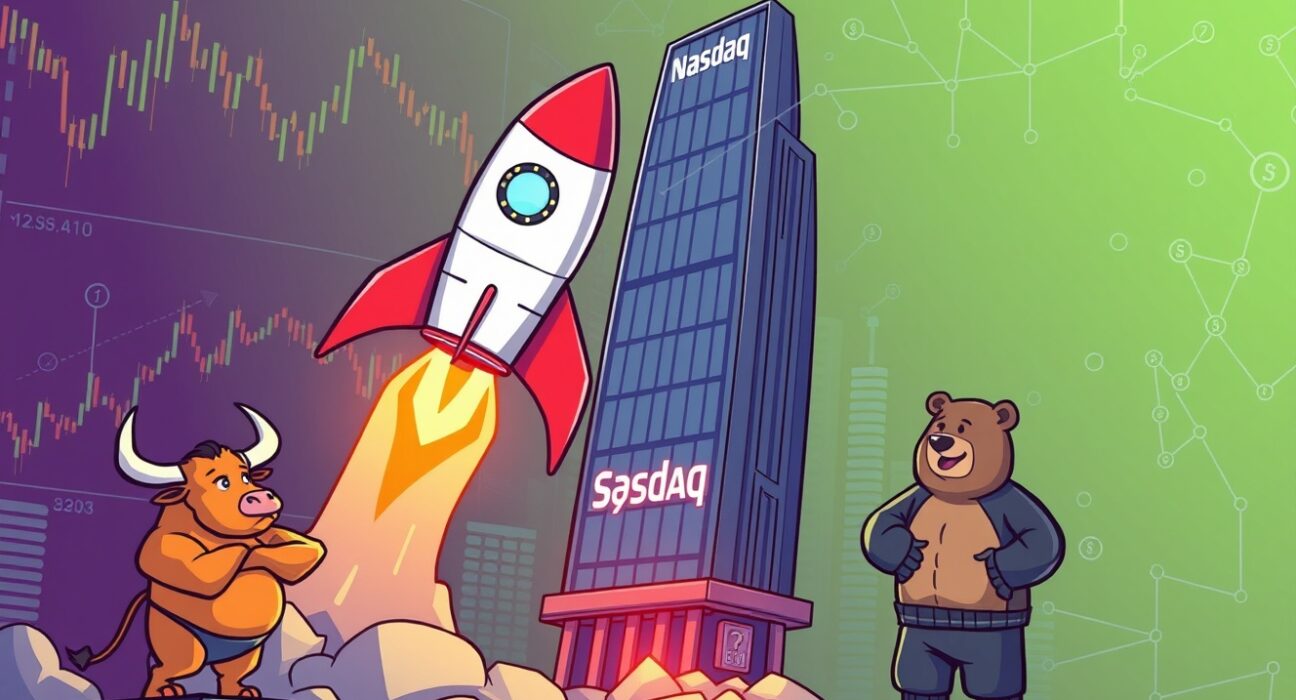 A vibrant cartoon of a SUI ETF rocket launching, symbolizing a major breakthrough in crypto finance.
