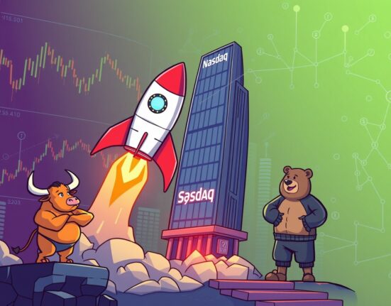 A vibrant cartoon of a SUI ETF rocket launching, symbolizing a major breakthrough in crypto finance.