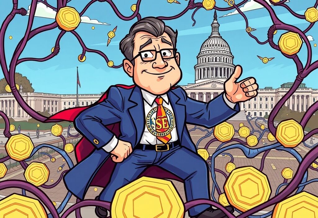 A cartoon illustration showing the SEC asserting its authority over SEC blockchain regulation, symbolizing independent crypto rule-making.