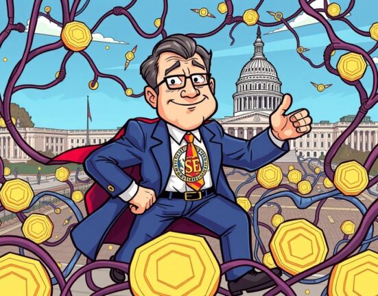 A cartoon illustration showing the SEC asserting its authority over SEC blockchain regulation, symbolizing independent crypto rule-making.