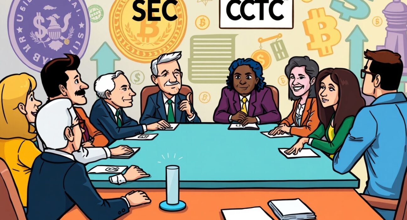 Cartoon illustration of a diverse group discussing SEC CFTC crypto regulation at a pivotal roundtable meeting.