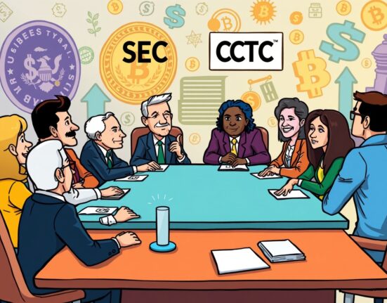 Cartoon illustration of a diverse group discussing SEC CFTC crypto regulation at a pivotal roundtable meeting.