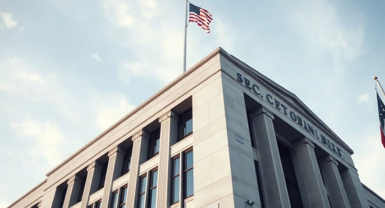 Exterior of the U.S. SEC headquarters with American flag, symbolizing regulatory action on crypto.