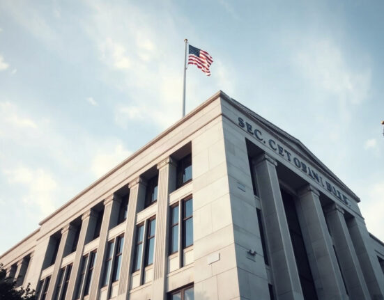 Exterior of the U.S. SEC headquarters with American flag, symbolizing regulatory action on crypto.