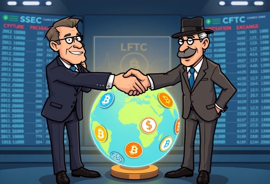 A cartoon illustration depicting SEC and CFTC collaboration, signifying the approval of crypto spot trading on registered exchanges.