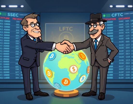 A cartoon illustration depicting SEC and CFTC collaboration, signifying the approval of crypto spot trading on registered exchanges.