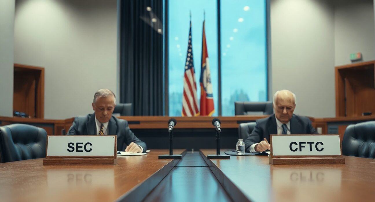 SEC and CFTC officials in a hearing room discussing prediction market regulation