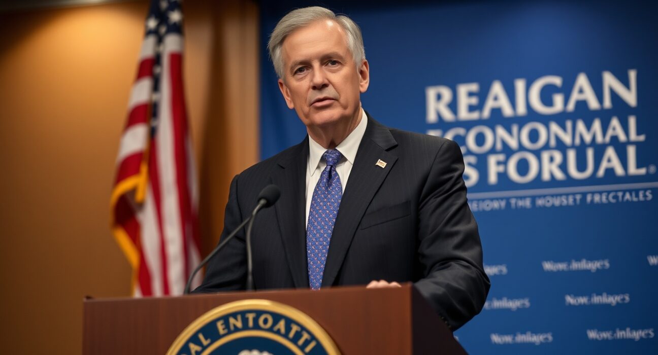 SEC Chairman Paul Atkins speaking at a podium at the Reagan National Economic Forum, advocating for crypto regulatory reform.
