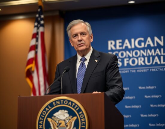 SEC Chairman Paul Atkins speaking at a podium at the Reagan National Economic Forum, advocating for crypto regulatory reform.