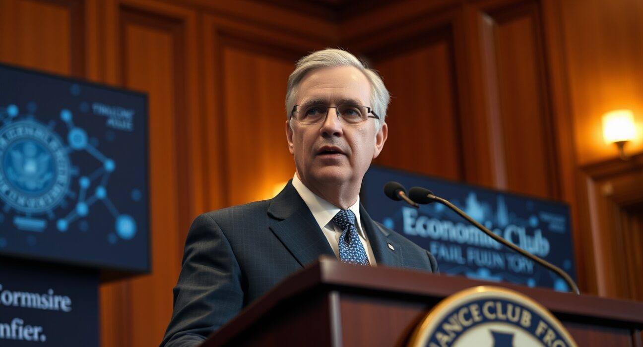 SEC Chairman Paul Atkins speaking at a podium at the Economic Club of New York