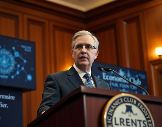 SEC Chairman Paul Atkins speaking at a podium at the Economic Club of New York