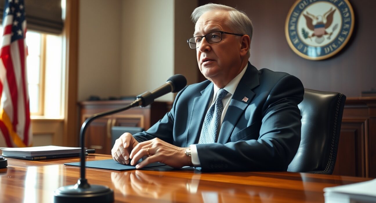 SEC Chairman Paul Atkins speaking in a formal office setting during a Fox Business interview.