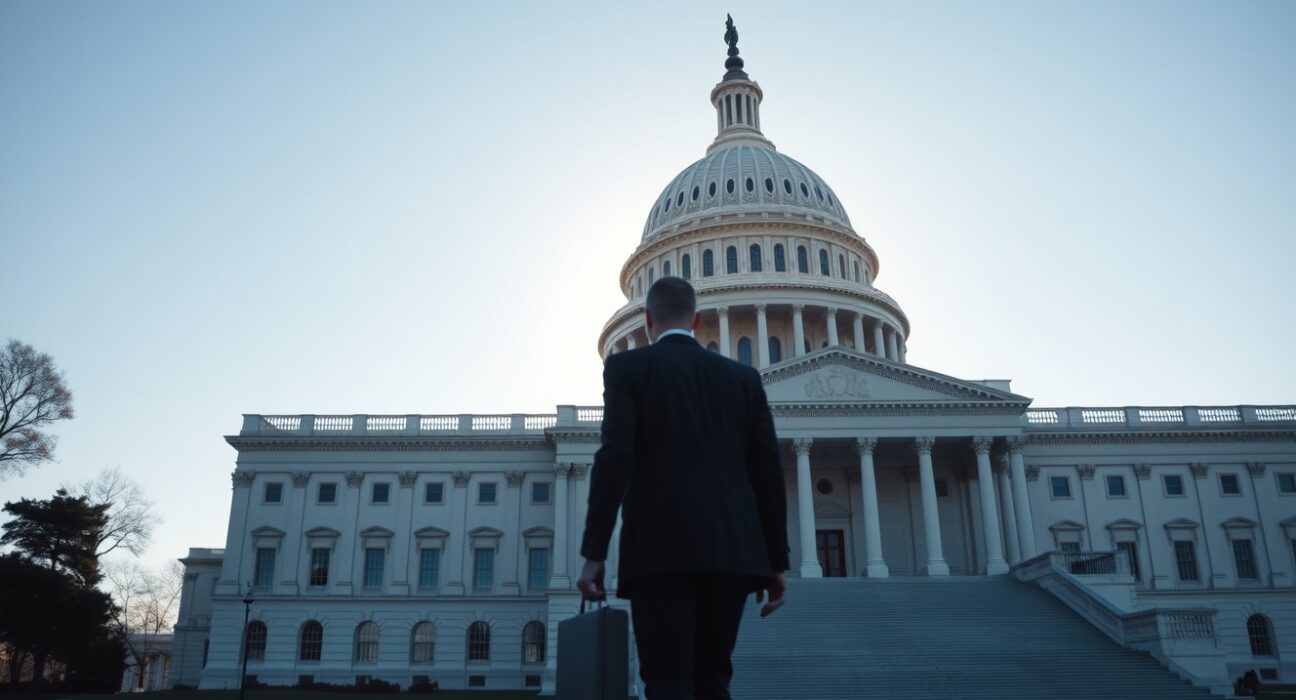 U.S. Capitol building under clear sky with a regulator figure walking in foreground, representing SEC policy push.