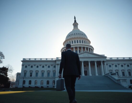 U.S. Capitol building under clear sky with a regulator figure walking in foreground, representing SEC policy push.