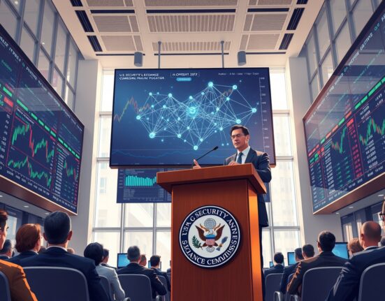 SEC Chairman Paul Atkins speaking at Bitcoin 2026 Conference, calling for blockchain-based instant stock settlement and cryptocurrency security classification reform.