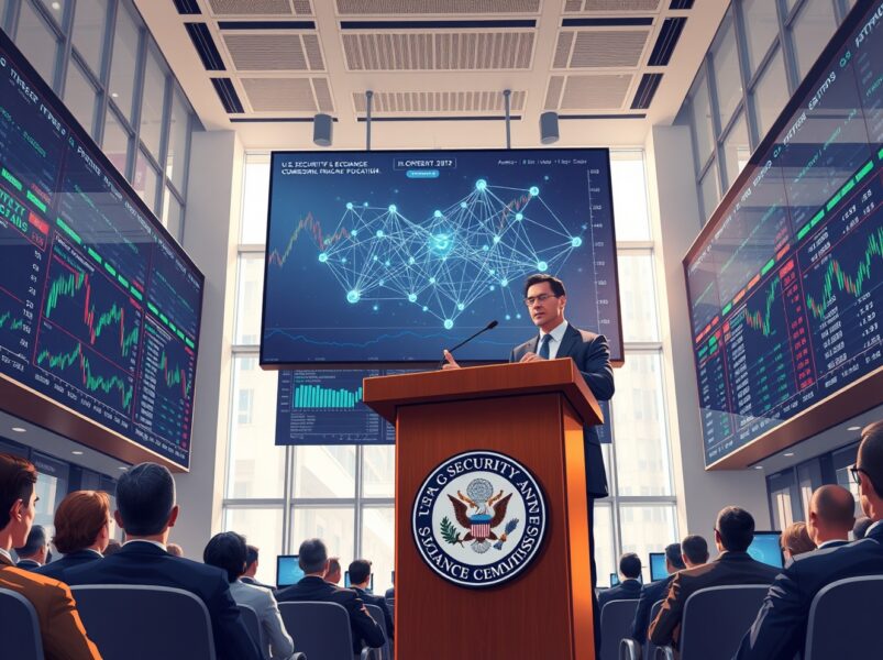 SEC Chairman Paul Atkins speaking at Bitcoin 2026 Conference, calling for blockchain-based instant stock settlement and cryptocurrency security classification reform.