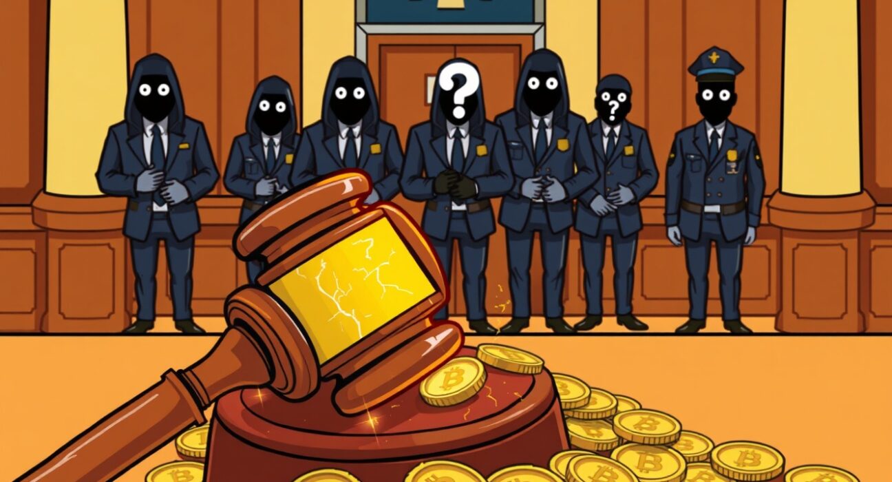 Cartoon illustration of the SEC exposing a cryptocurrency pyramid scheme with a judge's gavel and cracked coins.