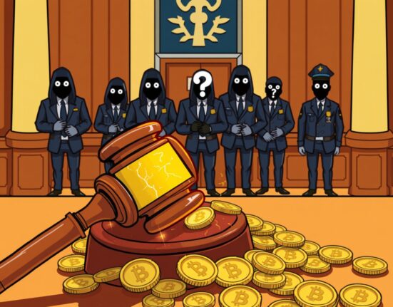 Cartoon illustration of the SEC exposing a cryptocurrency pyramid scheme with a judge's gavel and cracked coins.