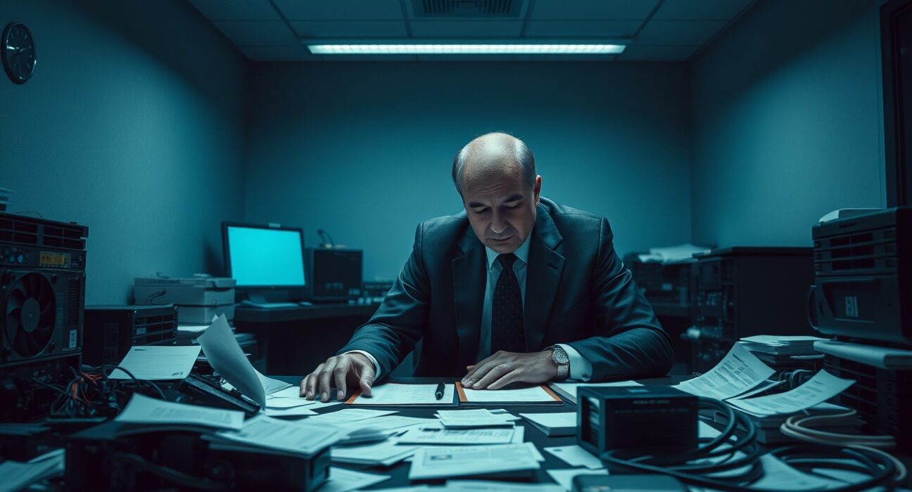 Man in suit at desk with cryptocurrency mining hardware and documents, representing SEC fraud charges.