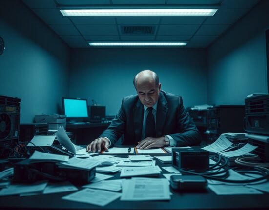 Man in suit at desk with cryptocurrency mining hardware and documents, representing SEC fraud charges.
