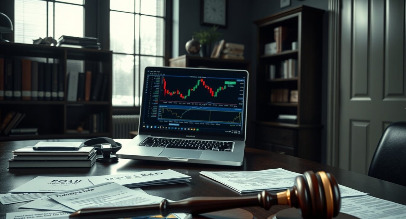 Fraudulent AI trading bot scheme depicted in a professional office setting with a laptop and financial documents