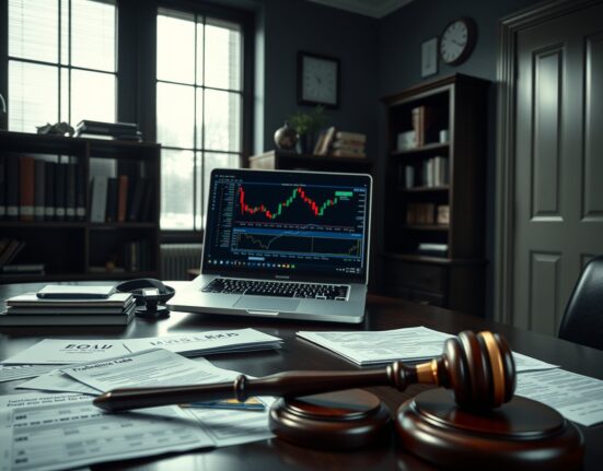 Fraudulent AI trading bot scheme depicted in a professional office setting with a laptop and financial documents