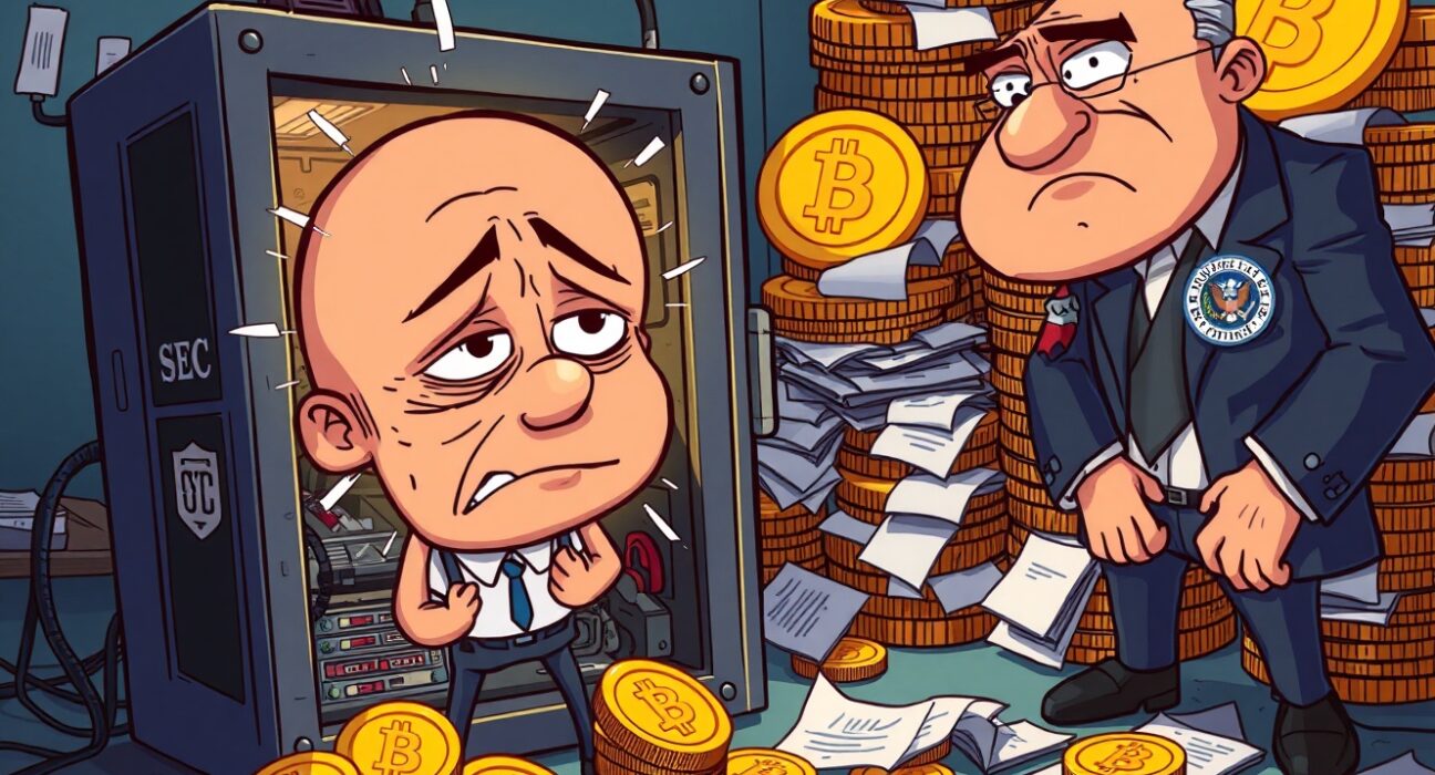 SEC charges VBit CEO fraud depicted in a cartoon scene with distressed investors and regulatory action.