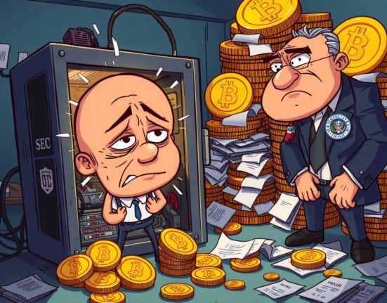 SEC charges VBit CEO fraud depicted in a cartoon scene with distressed investors and regulatory action.
