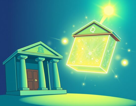 A vibrant cartoon illustrating the superior transparency of public blockchains compared to traditional finance.