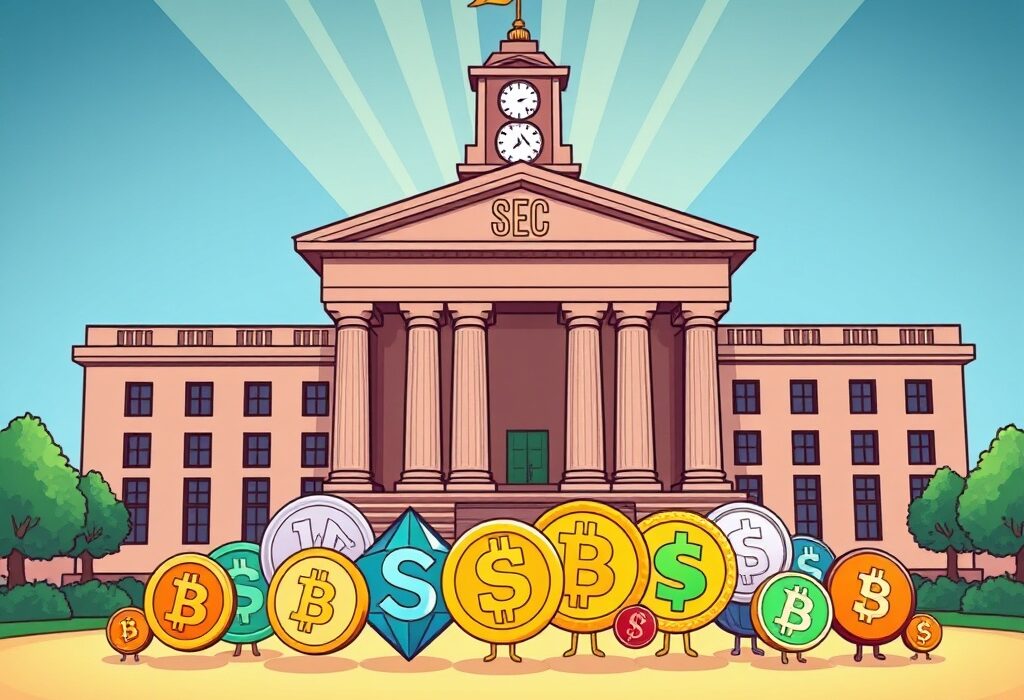 A cartoon illustration showing hopeful crypto tokens awaiting SEC crypto approval from a government building, symbolizing potential ETP greenlight.