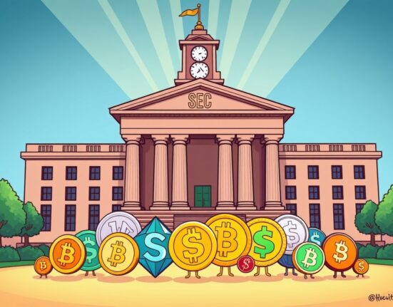A cartoon illustration showing hopeful crypto tokens awaiting SEC crypto approval from a government building, symbolizing potential ETP greenlight.