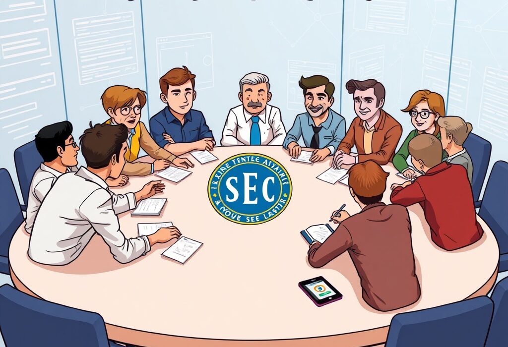 A cartoon illustration showing SEC officials and crypto project founders discussing SEC Crypto regulation at a roundtable, symbolizing collaboration.