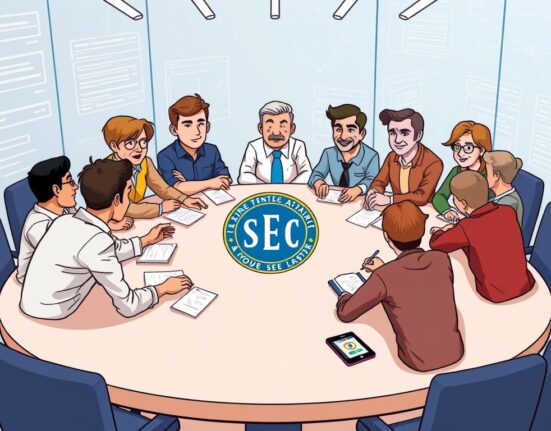 A cartoon illustration showing SEC officials and crypto project founders discussing SEC Crypto regulation at a roundtable, symbolizing collaboration.