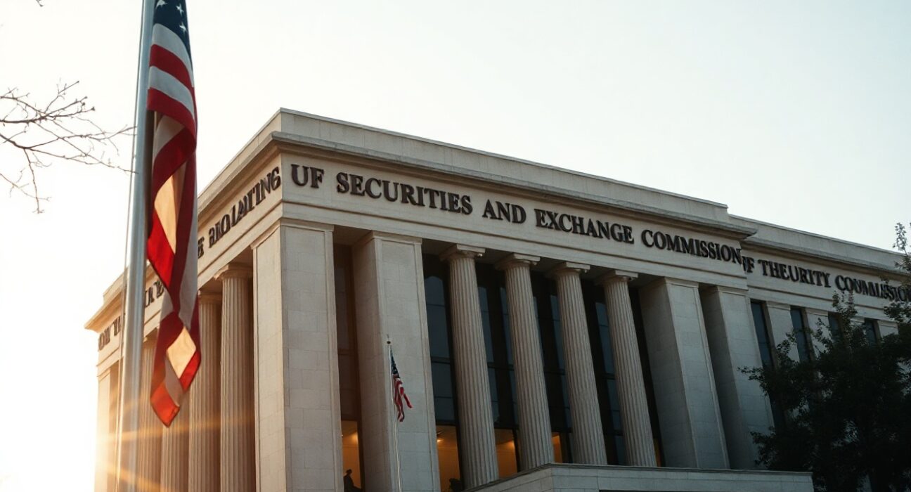 SEC headquarters building in Washington, D.C., with American flag, symbolizing regulatory authority.