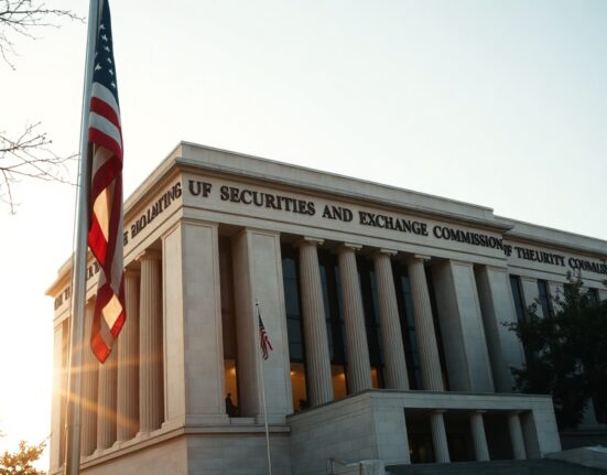 SEC headquarters building in Washington, D.C., with American flag, symbolizing regulatory authority.