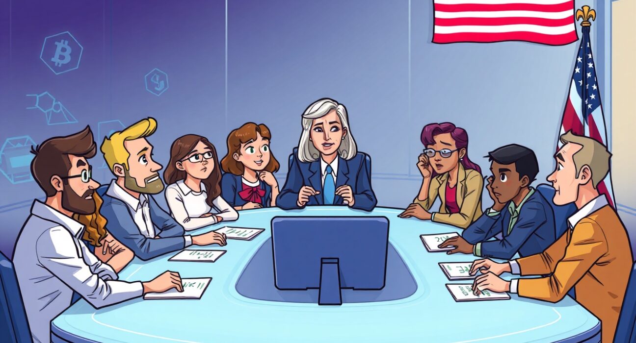 Cartoon illustration of the SEC crypto task force engaging in crucial meetings with various small crypto project representatives, discussing future regulations.
