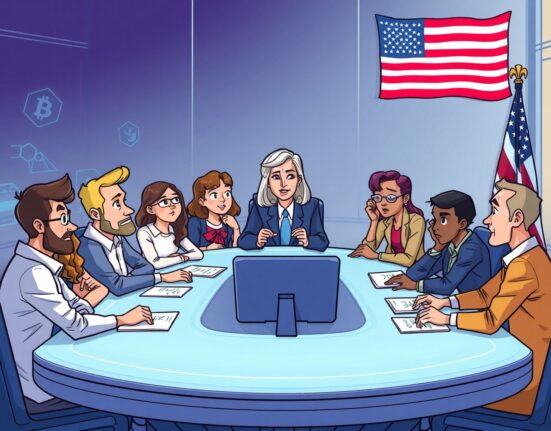 Cartoon illustration of the SEC crypto task force engaging in crucial meetings with various small crypto project representatives, discussing future regulations.