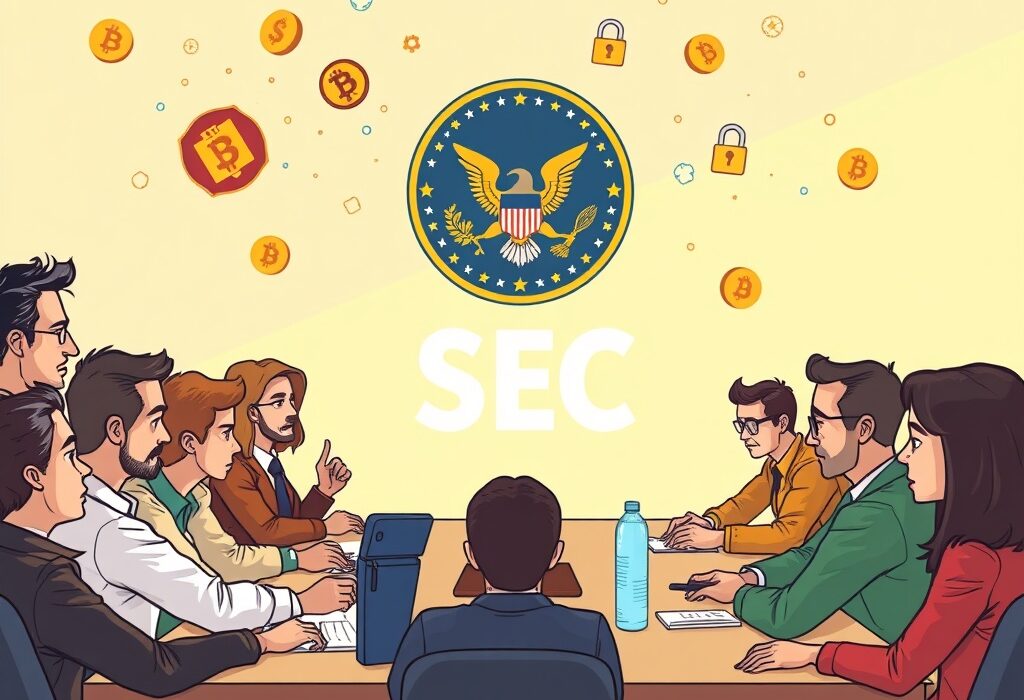 A cartoon illustration of the SEC crypto task force debating financial privacy and surveillance, highlighting key regulatory discussions.