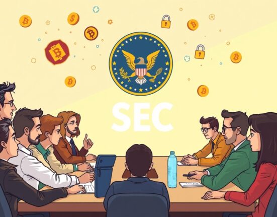 A cartoon illustration of the SEC crypto task force debating financial privacy and surveillance, highlighting key regulatory discussions.